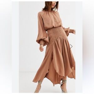 ASOS DESIGN satin blouson midi dress with shirring and keyhole detail